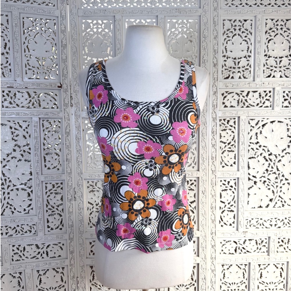 Vtg Y2K Fairy Floral Sequin Tank Top Womens Medium Coquette Retro Stretchy